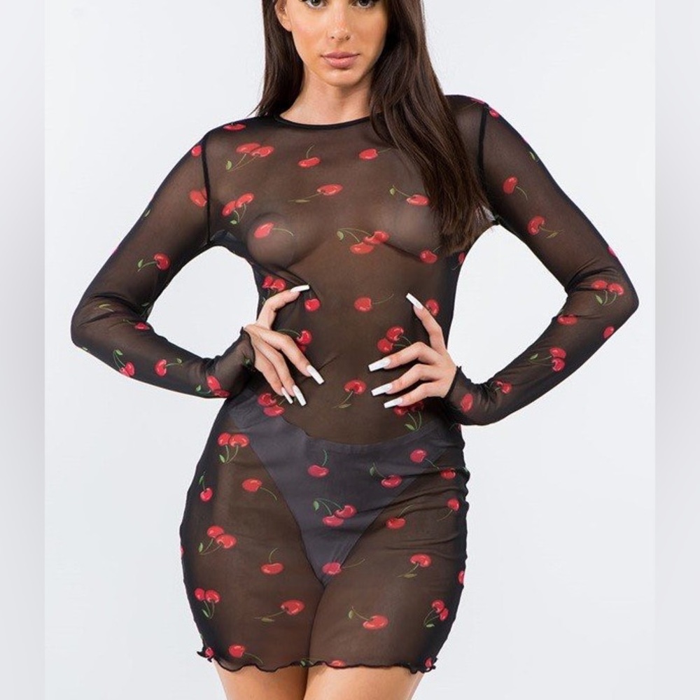 LONG SLEEVE ROUND NECK CHERRY PRINTED MESH MINI DRESS